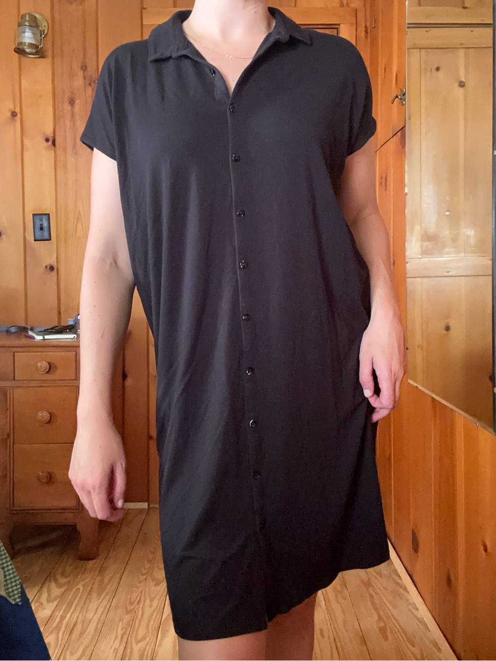 Eileen Fisher Black Short-Sleeve Button-Front Shirt Dress